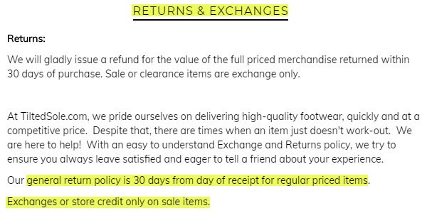 tiltedsole reviews returns exchanges legit