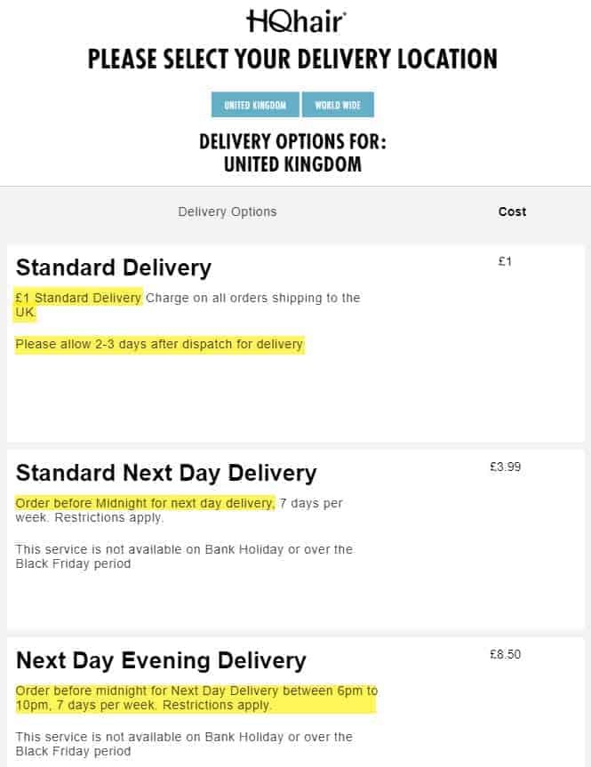 hqhair.com reviews delivery shipping options US UK