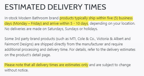 modernbathroom reviews delivery shipping times